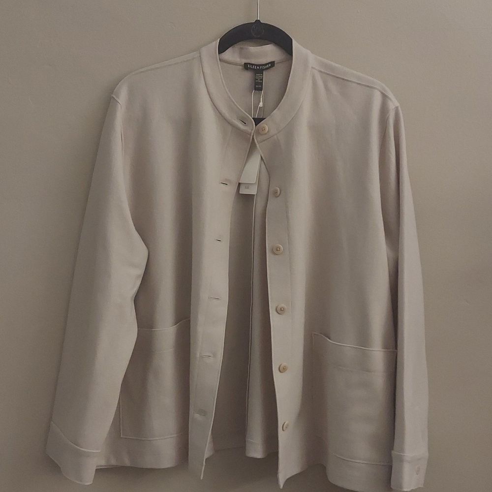 NEW EILEEN FISHER XL Wool Mandarin Collar Button Down Long Sleeve Jacket Chalk - Picture 3 of 16
